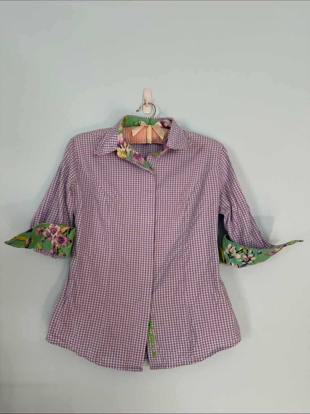 Middy n Me Lavender Gingham Button-Front Shirt with Floral Trim